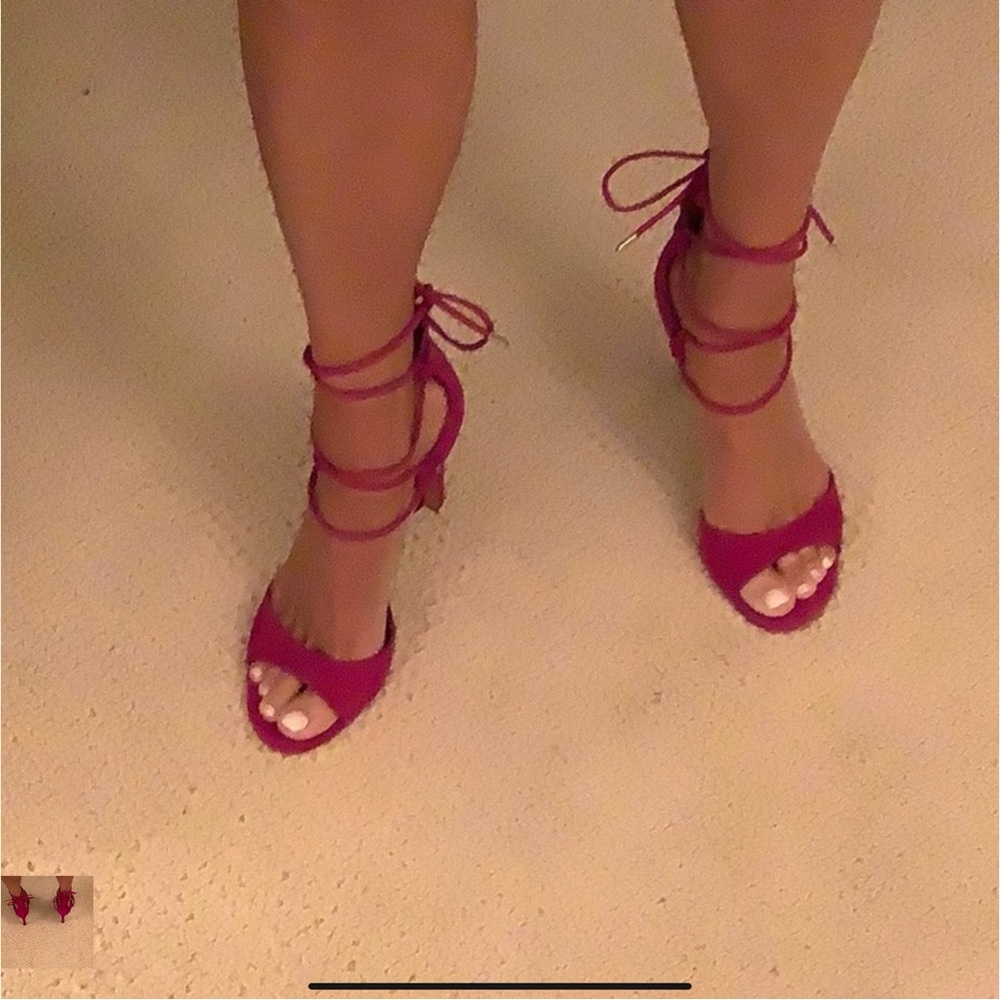 Fushia open toe tor high heels, ties around ankle. Never worn.